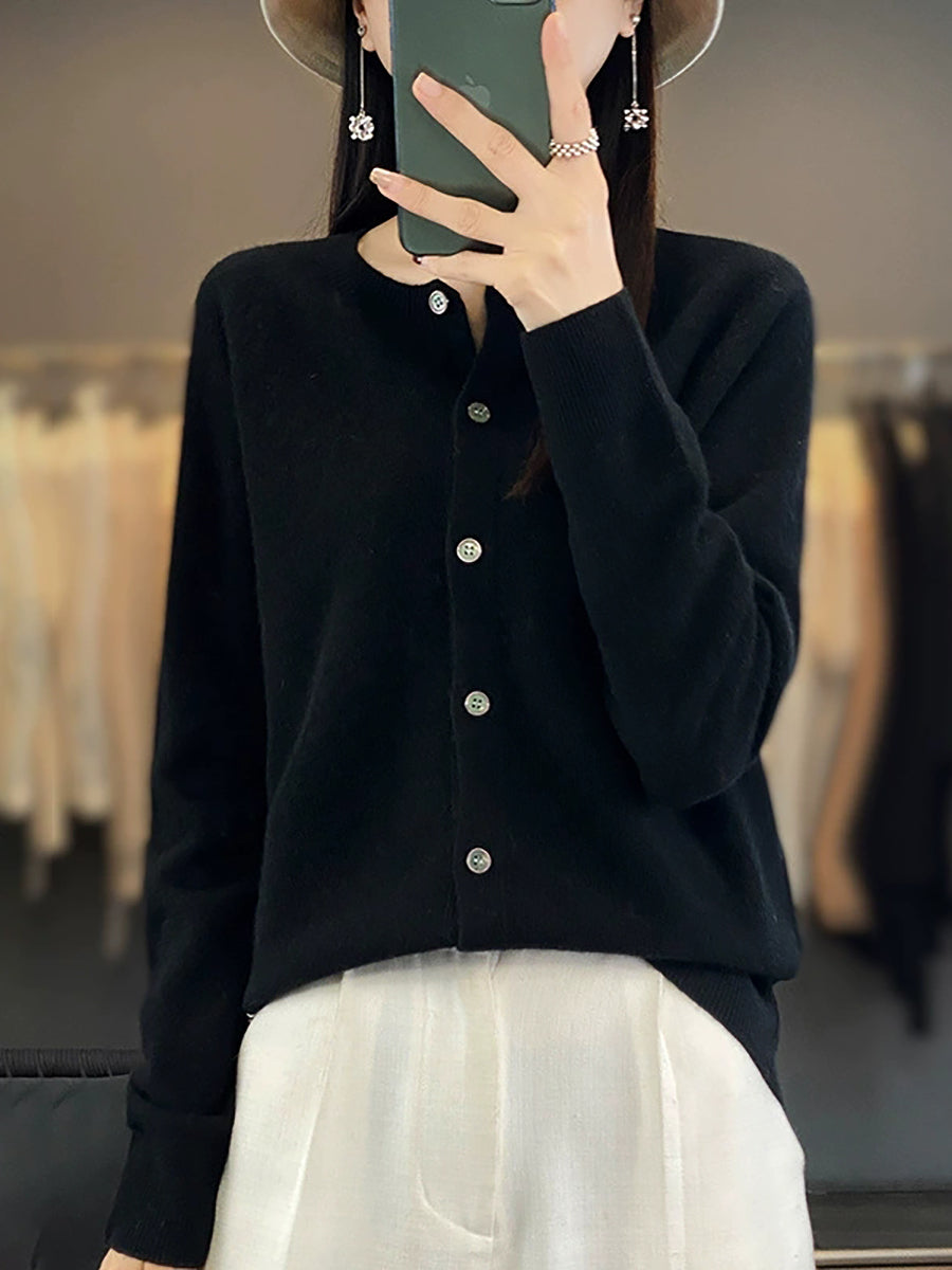 Women Autumn Casual O-Neck Knitted Wool Cardigan Sweater