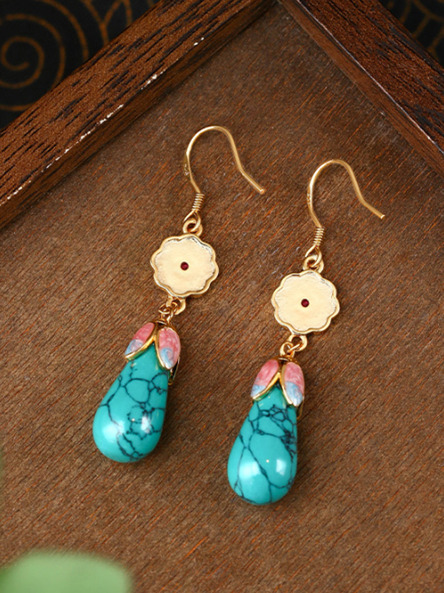 Women Ethnic Gold Enamel Drop Glaze Turquoise Earrings