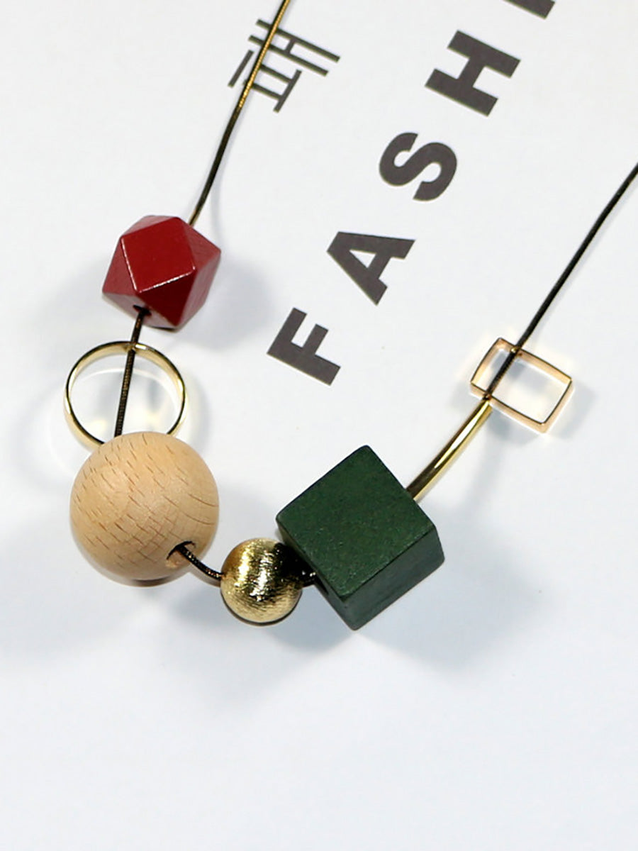 Women Vintage Geometric Wood Bead Alloy Necklace