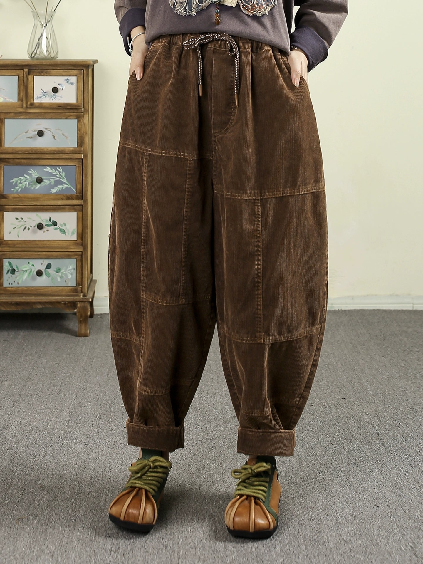 Women Autumn Retro Pure Color Spliced Croduroy Pants