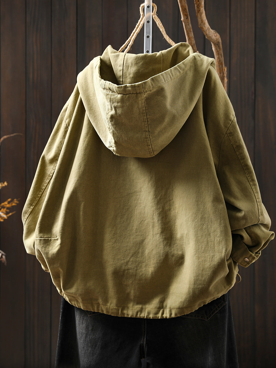 Women Autumn Pure Color Hooded Cotton Cardigan Coat