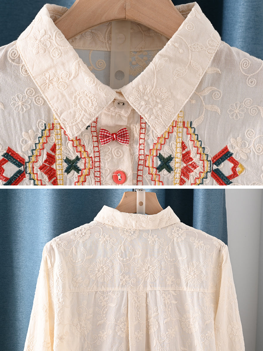 Women Autumn Artsy Flower Embroidery 100%Cotton Shirt