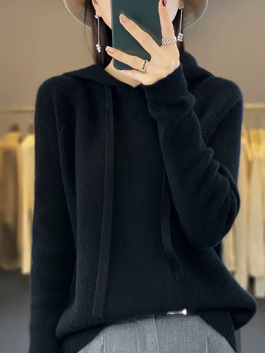 Women Autumn Casual Pure Color Hooded Sweater