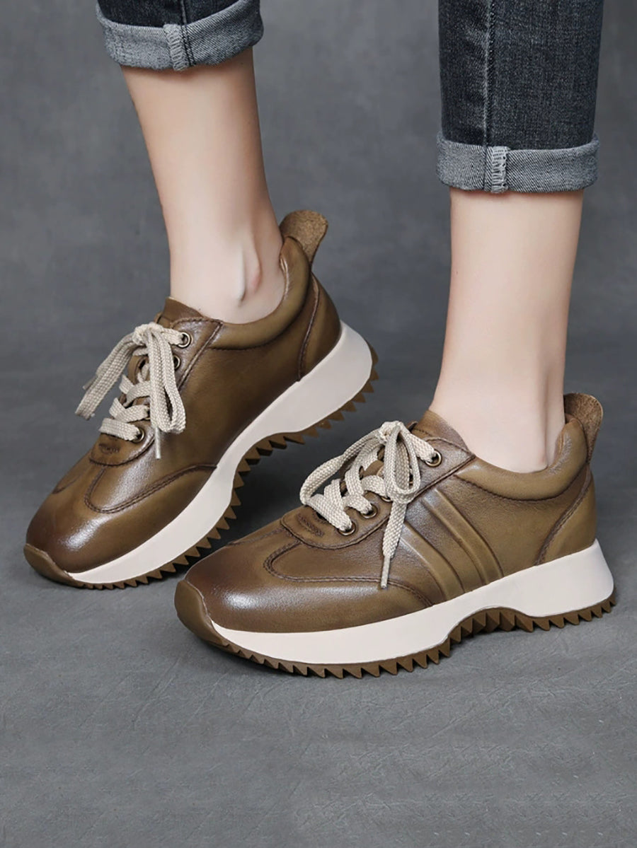 Women Autumn Casual Pure Color Leather Sport Shoes