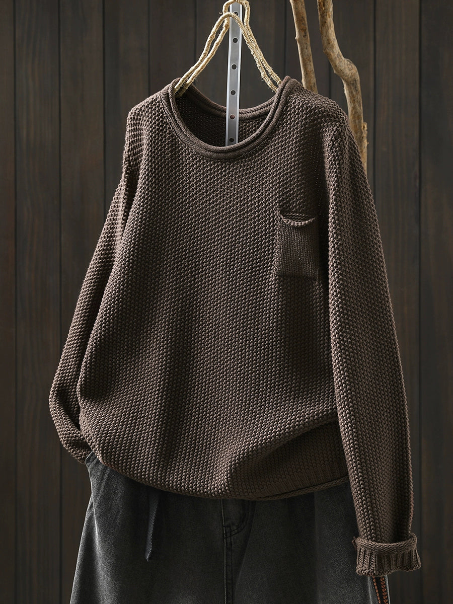 Women Autumn Pure Color O-Neck Cotton Knitted Shirt