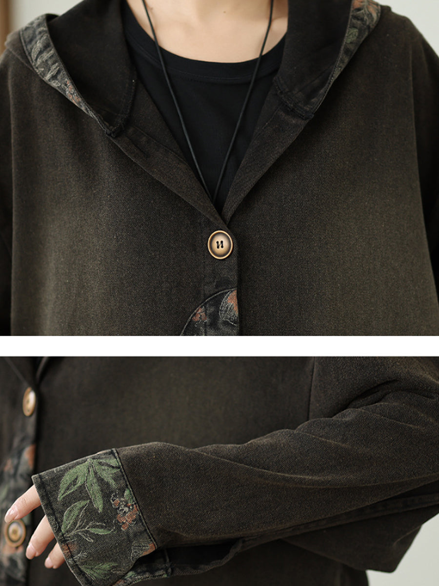 Women Autumn Denim Flower Spliced Hooded Coat