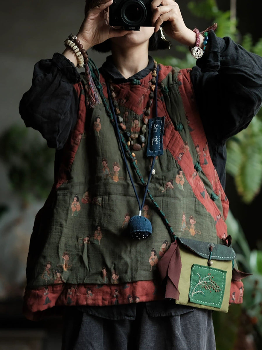 Women Autumn Retro Print Spliced O-Neck 100%Cotton Vest