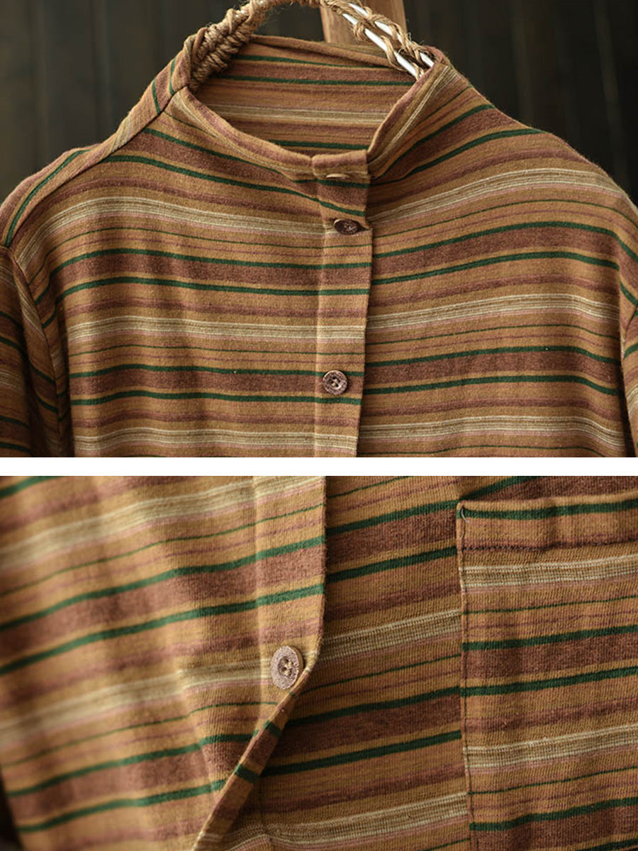Women Autumn Casual Stripe Turtleneck Cotton Blouse