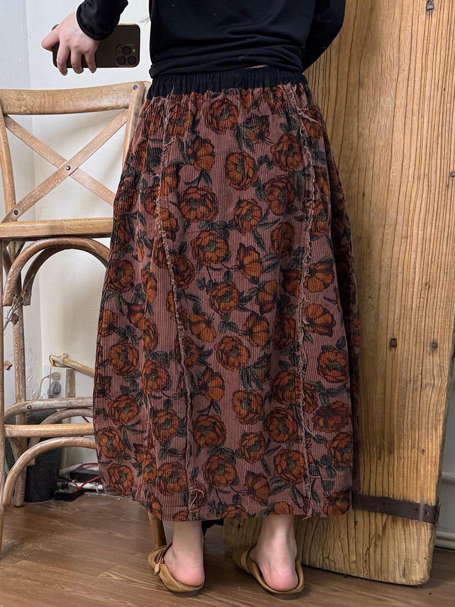 Women Autumn Flower Spliced Croduroy A-Shape Skirt