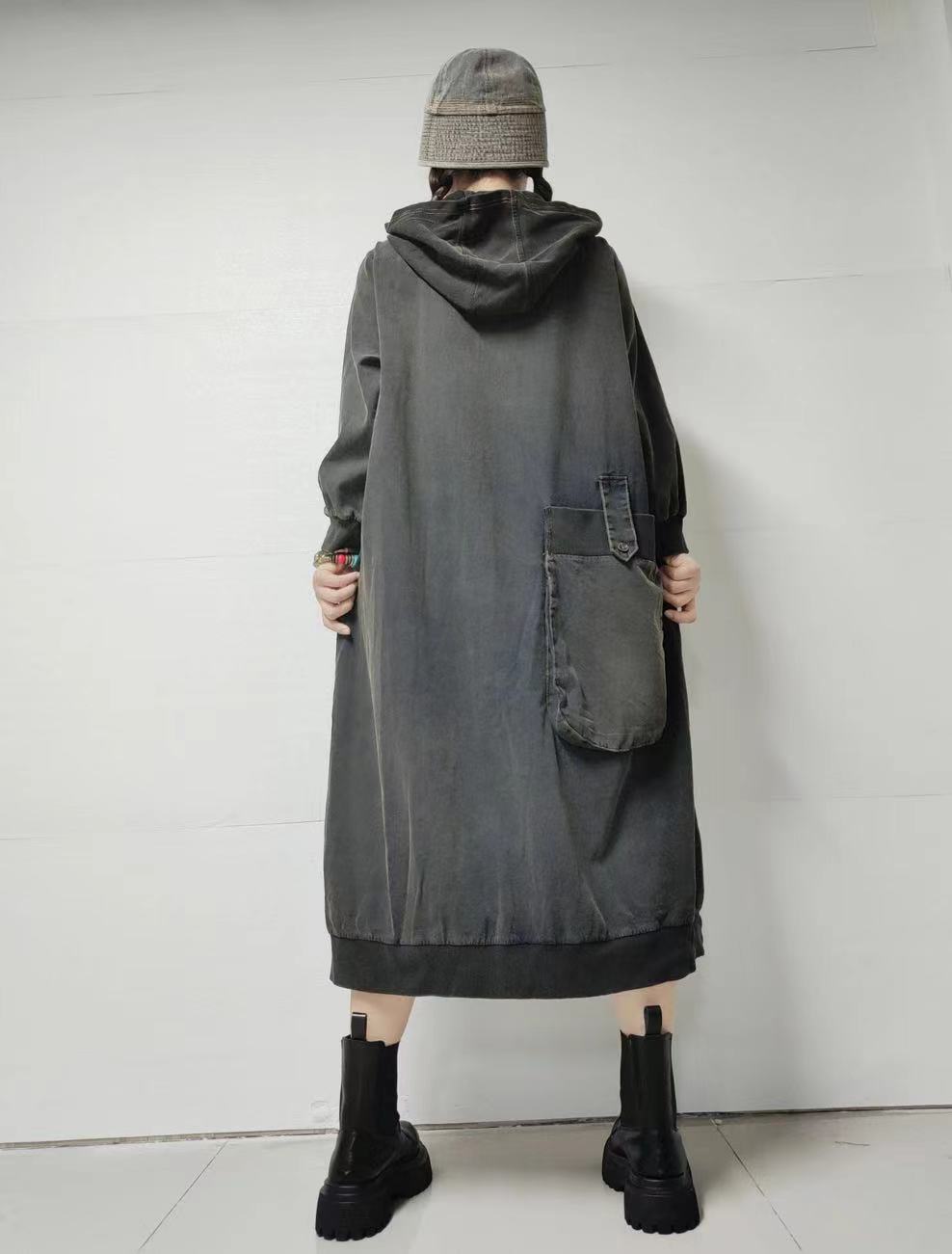 Women Autumn Retro Pure Color Denim Hooded Dress