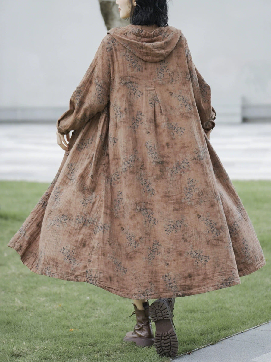 Women Autumn Retro Flower Linen Hooded Long Coat