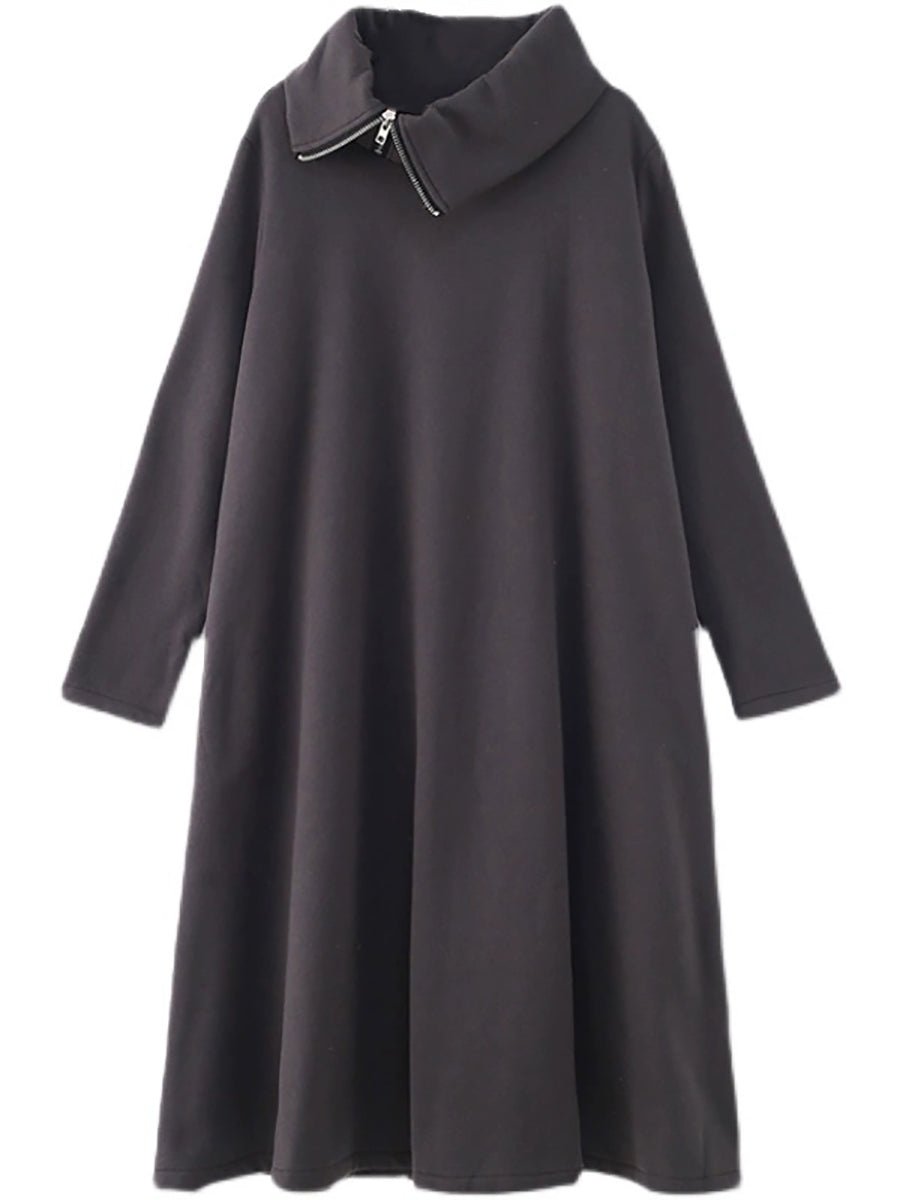 Plus Size Women Autumn Pure Color Turtleneck Cotton Dress