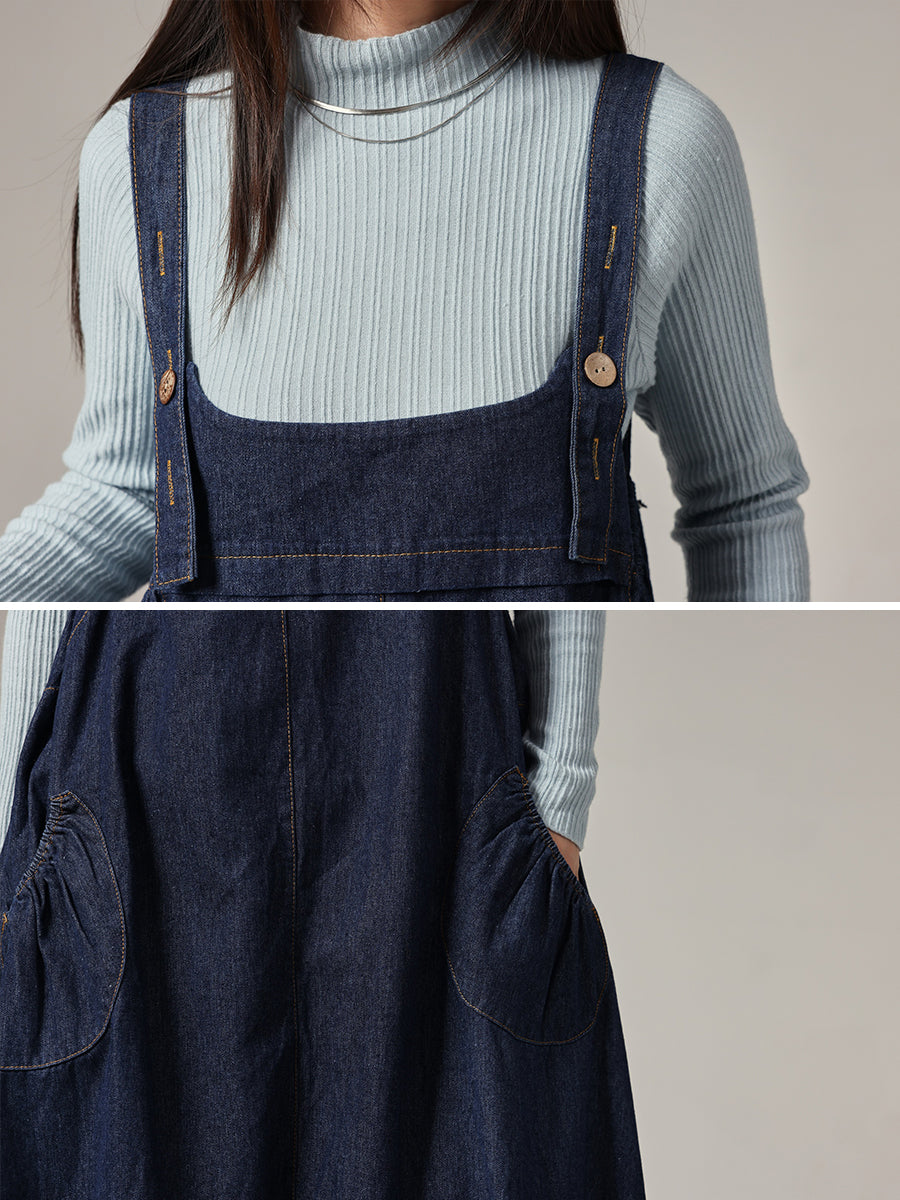 Women Autumn Casual Pure Color Denim Wide-leg Jumpsuits