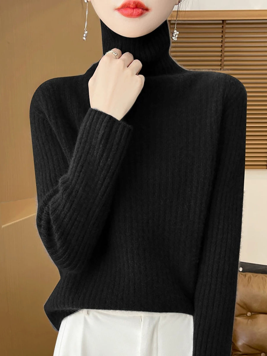 Women Autumn Casual Pure Color Knitted Turtleneck Sweater
