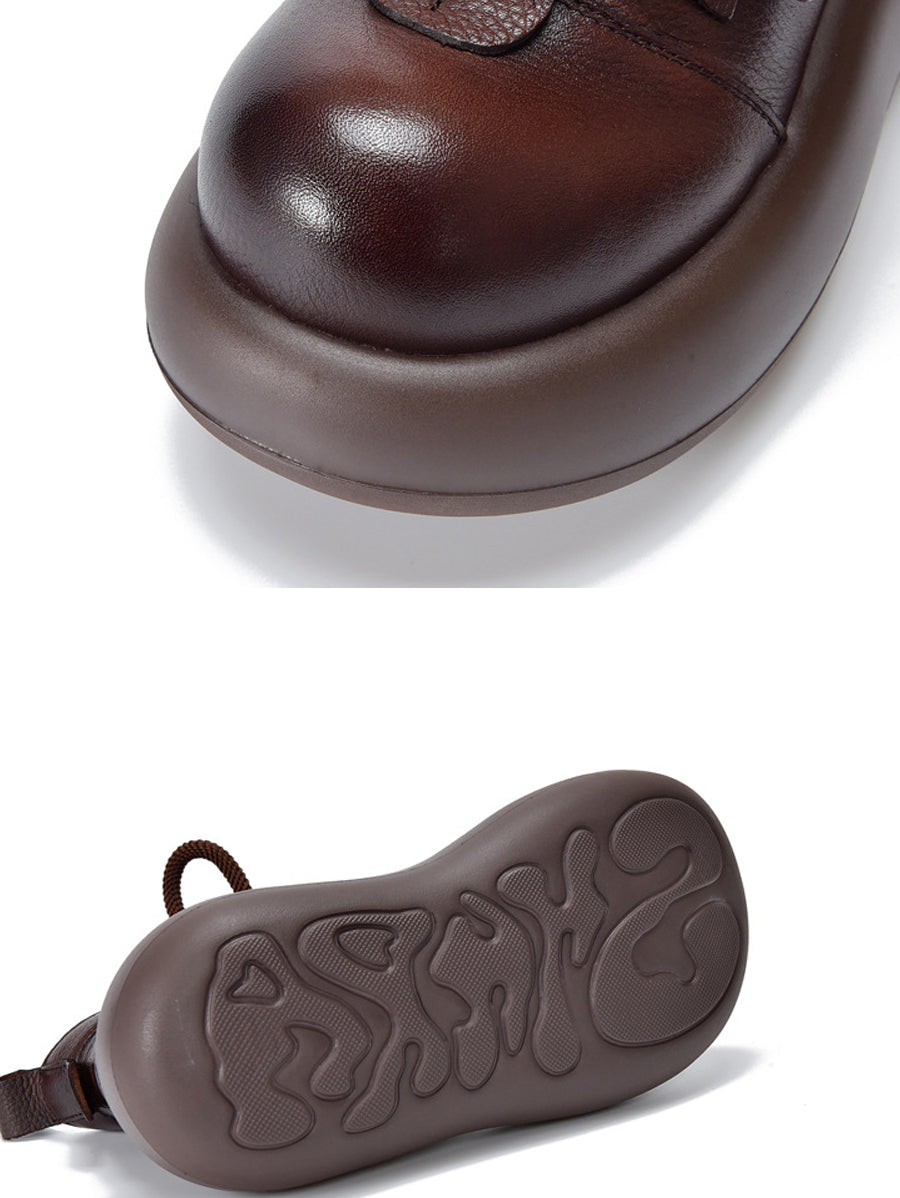 Women Vintage Genuine Leather Platform Lace-up Shoes