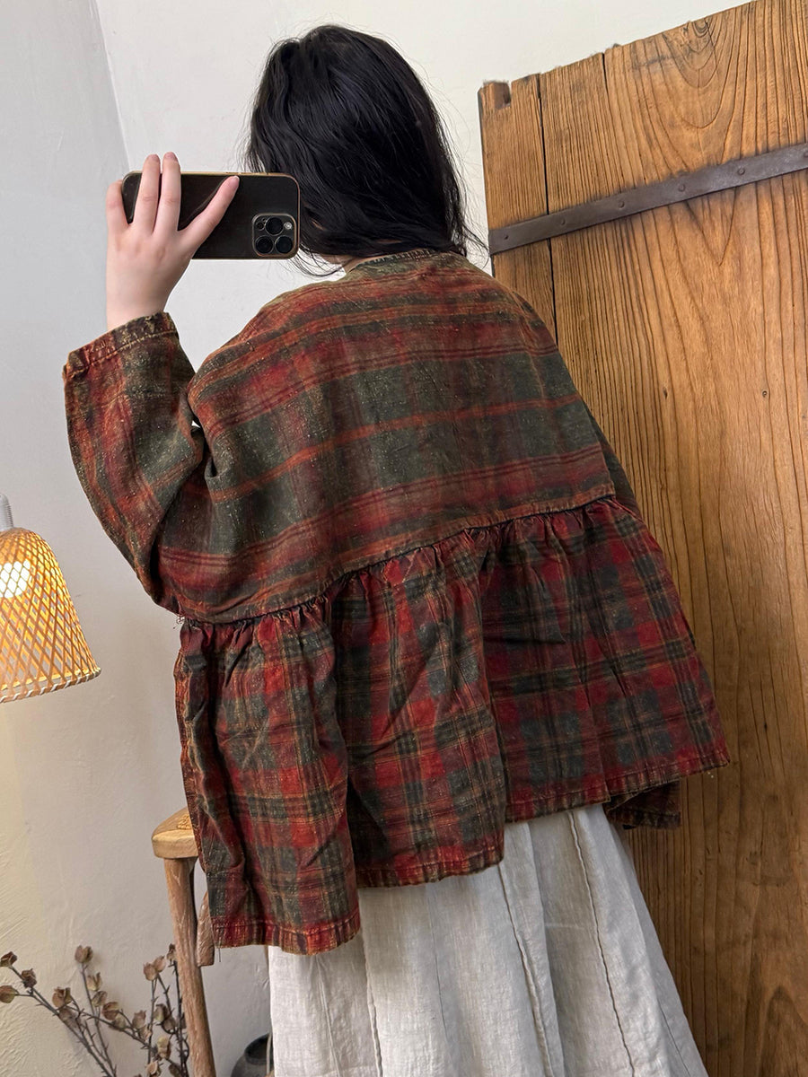 Women Autumn Retro Plaid O-Neck Loose Shirt