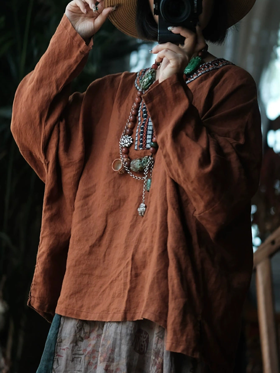 Women Autumn Retro Embroidery V-Neck Linen Shirt