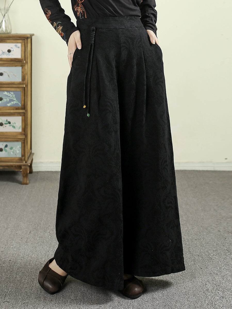 Women Autumn Retro Pure Color Jacquard Wide-leg Pants