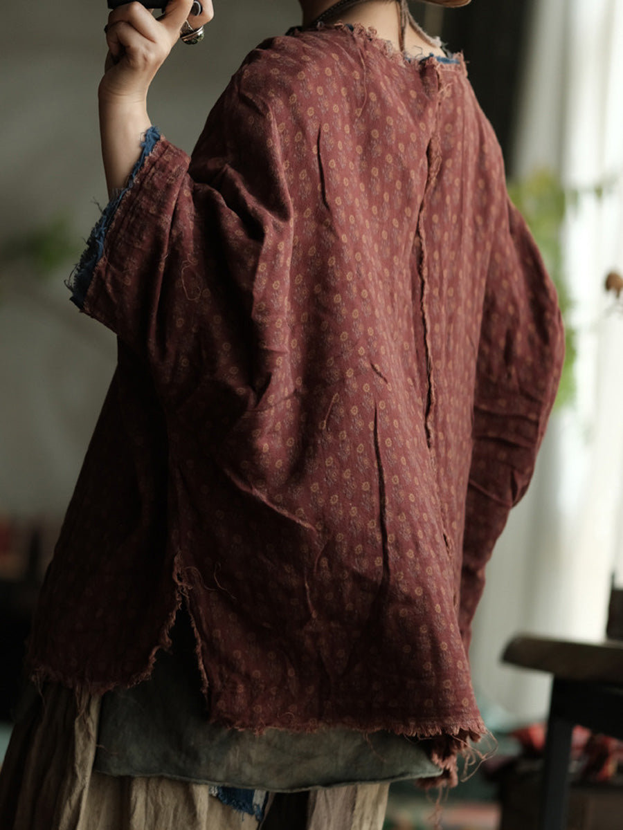 Women Autumn Retro Print O-Neck Raw-edge Cotton Shirt