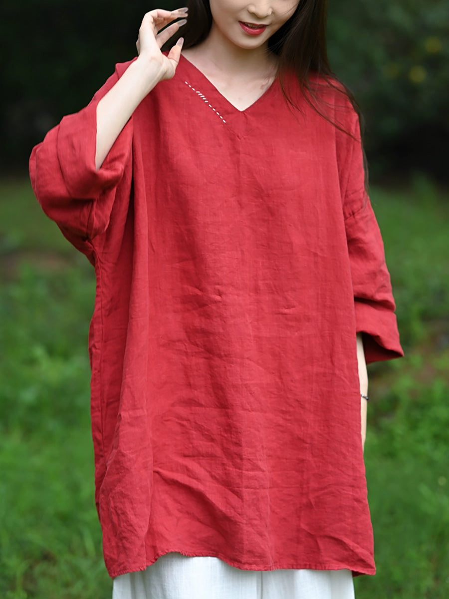Women Autumn Retro Pure Color V-Neck 100%Linen Shirt