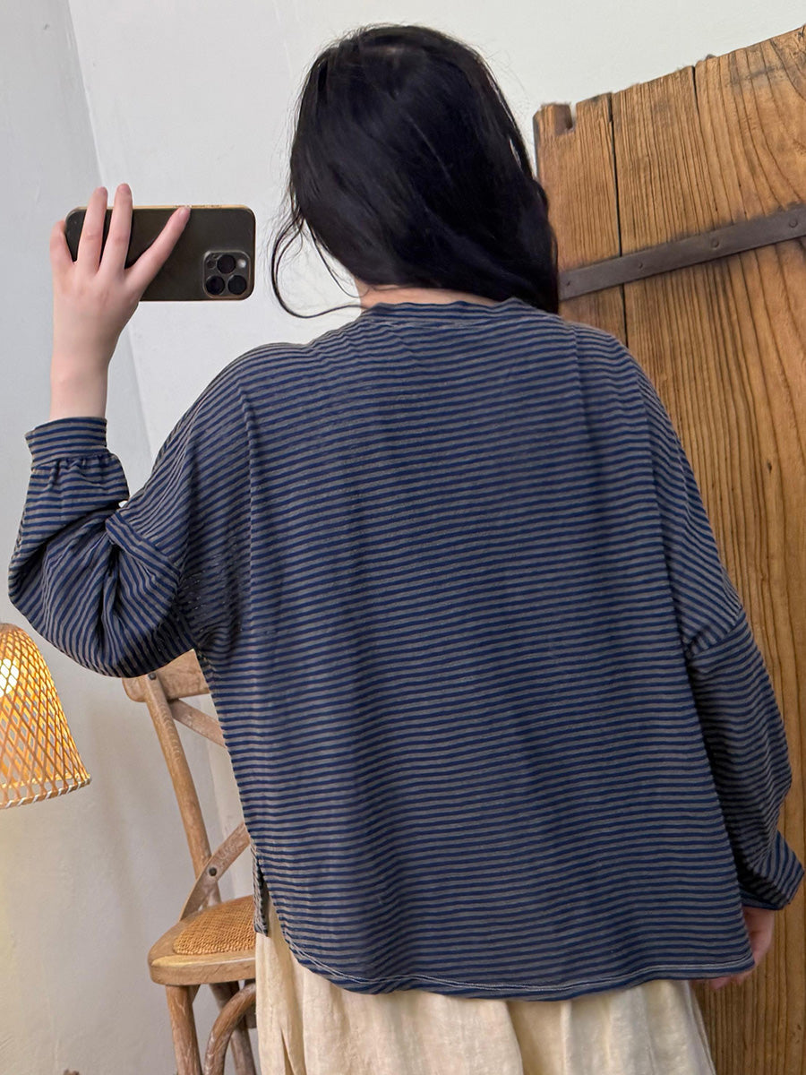 Women Autumn Retro Stripe O-Neck Loose Shirt