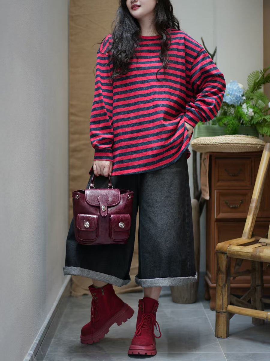 Women Autumn Casual Stripe O-Neck 100%Cotton Blouse