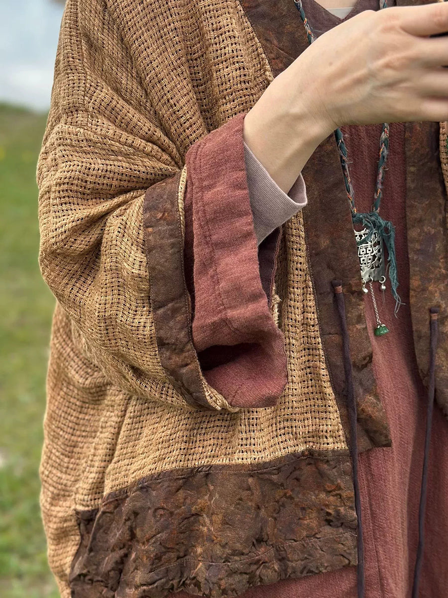 Women Autumn Retro Spliced Linen Cardigan Jacket