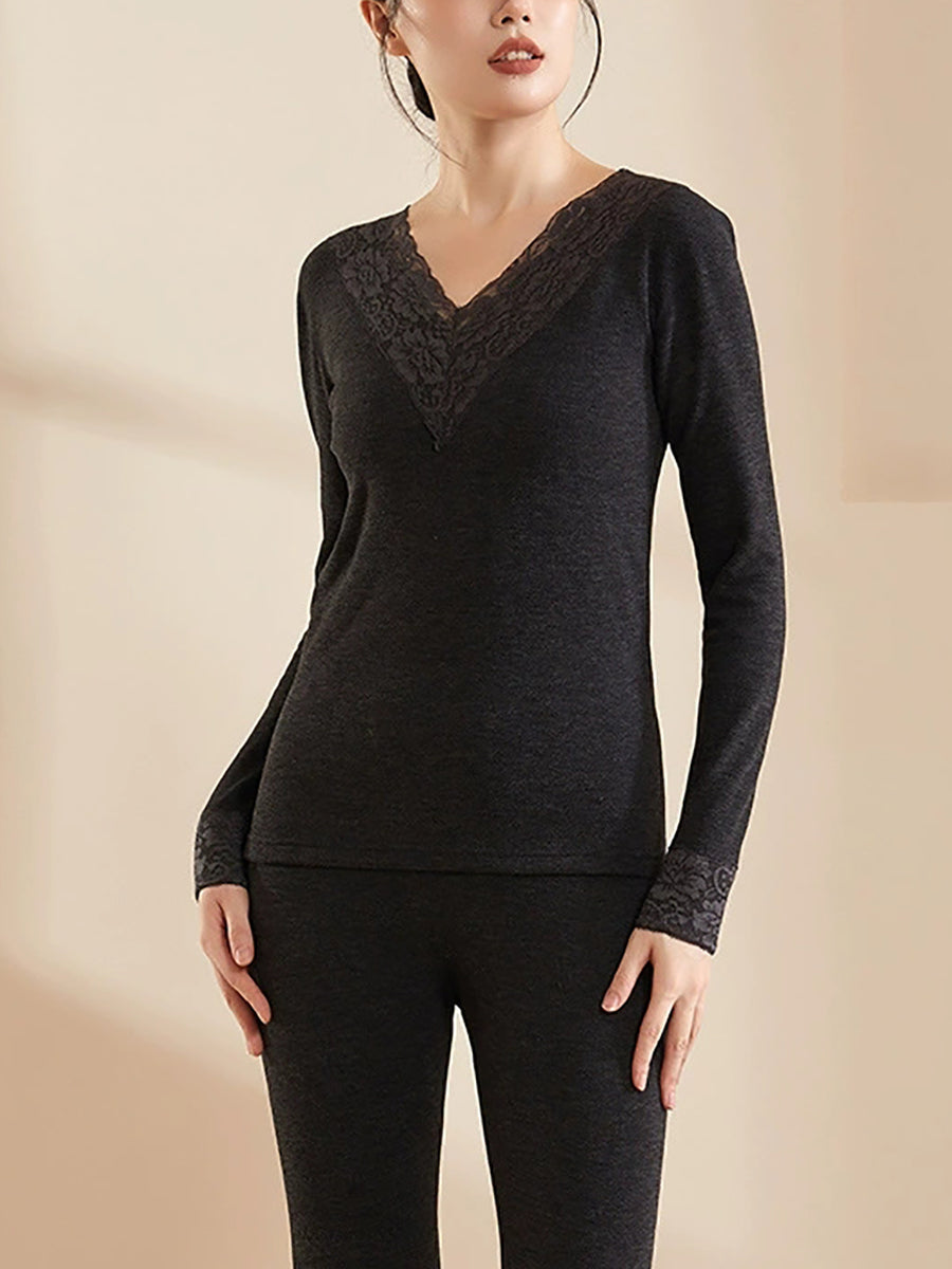 Women Autumn Casual Pure Color V-Neck Base Suits