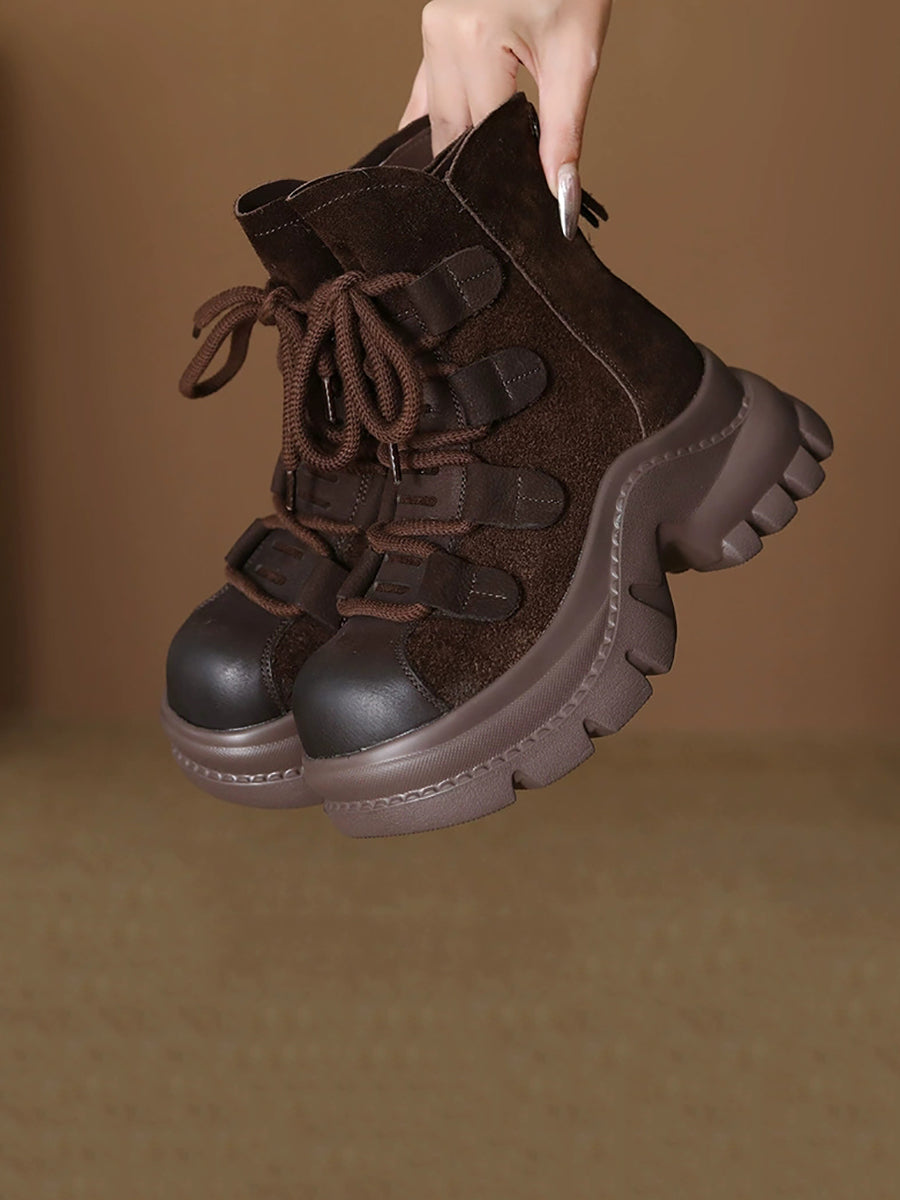 Women Suede Leather Spliced Platform Martin Boots