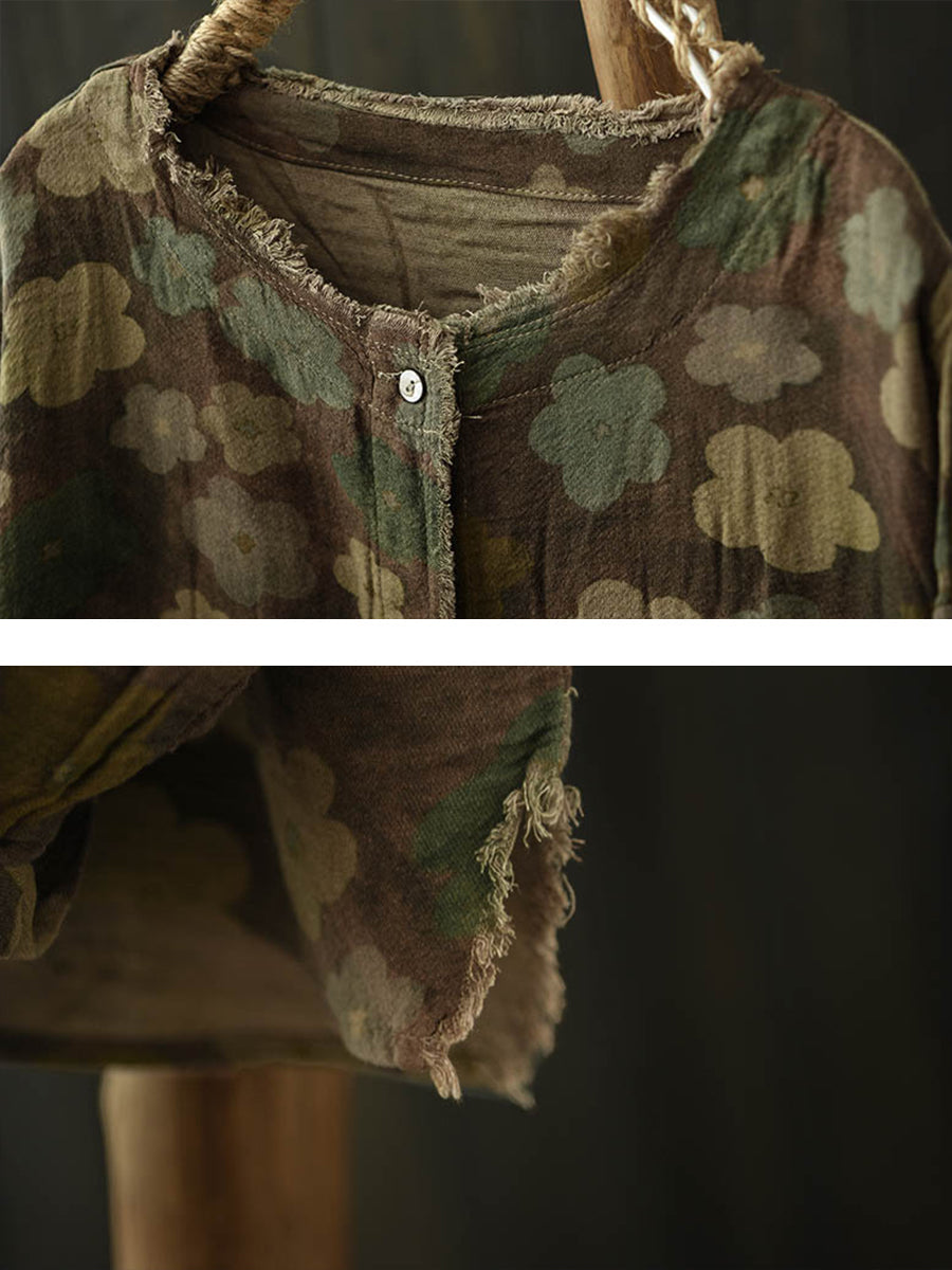Women Autumn Retro Flower Raw-edge Cotton Blouse