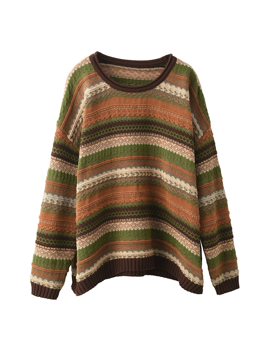 Women Autumn Retro Stripe O-Neck Knitted Sweater