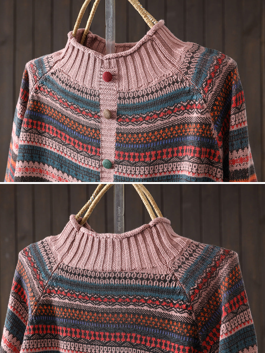 Women Autumn Colorblock Stripe Half-Turtleneck Sweater