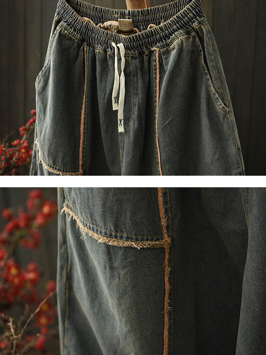 Women Autumn Retro Denim Spliced Harem Pants