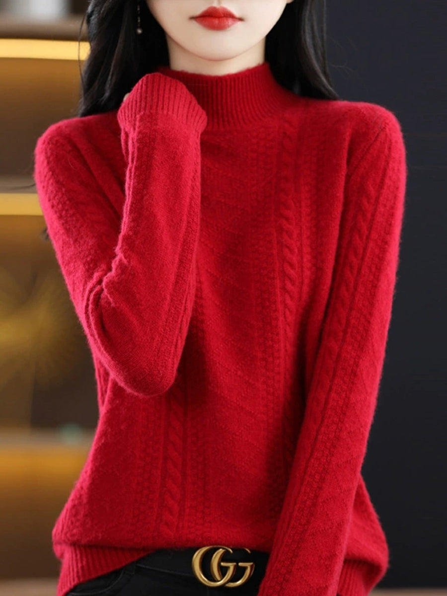 Women Autumn Pure Color Wool Half-Turtleneck Sweater