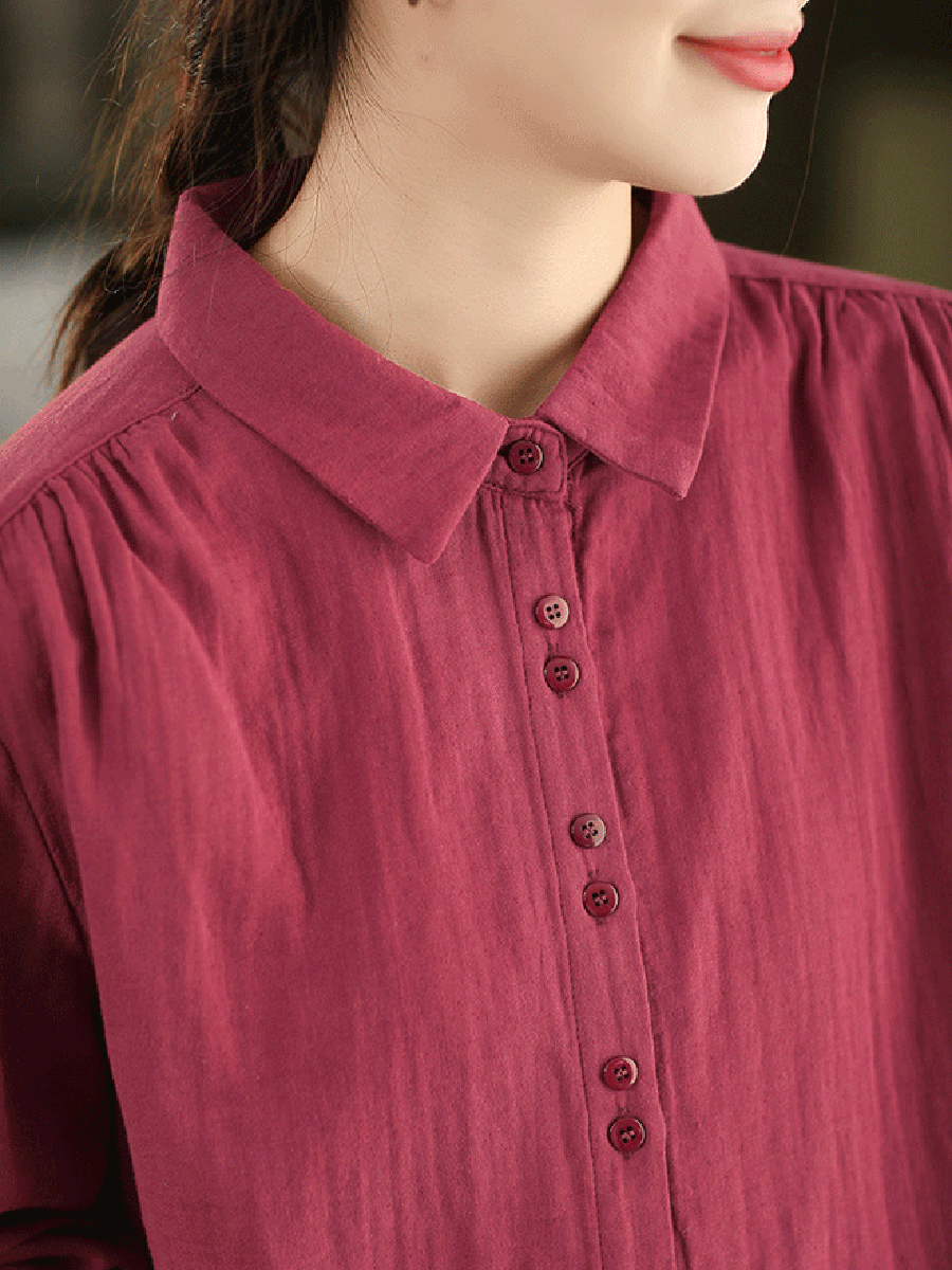 Women Autumn Artsy Pure Color 100%Cotton Shirt