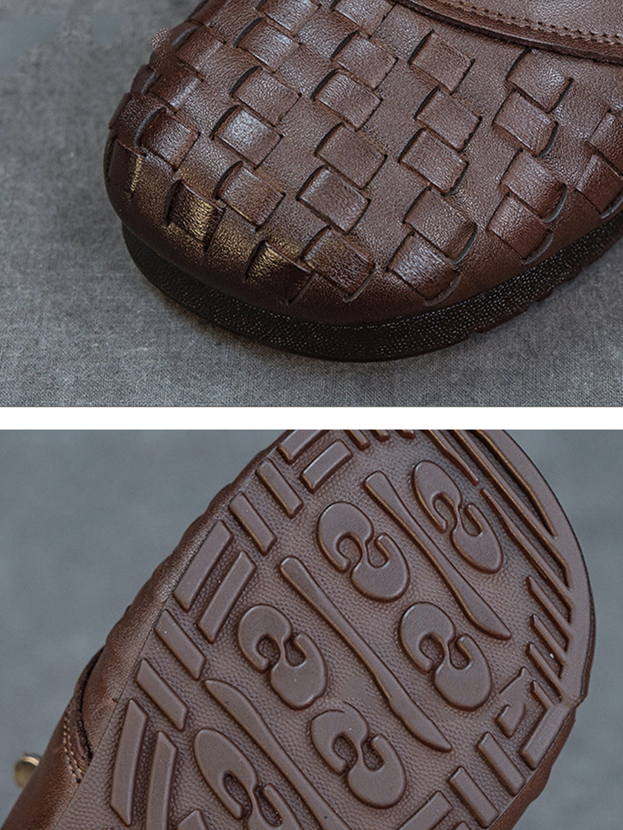 Women Vintage Leather Weave Low Heel Shoes
