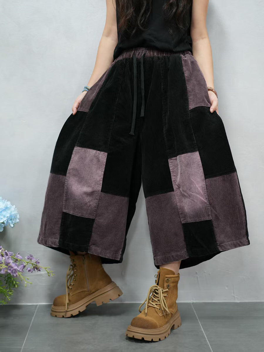 Women Autumn Retro Colorblock Corduroy Wide-leg Pants