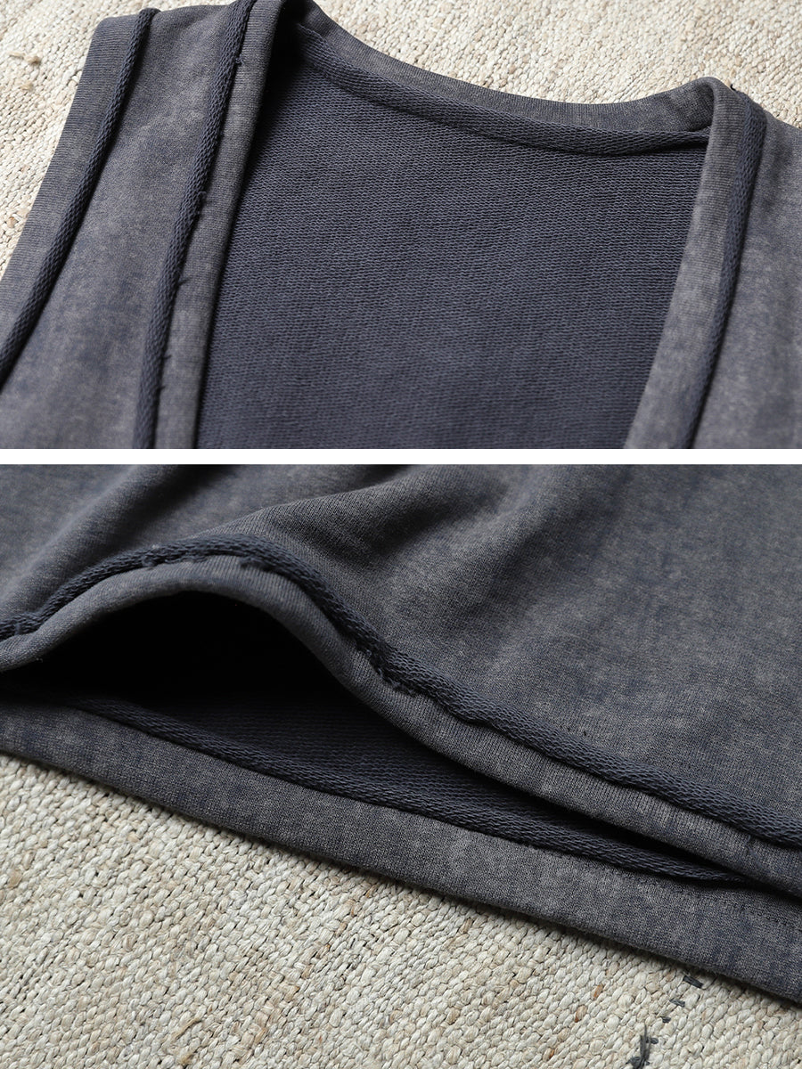 Women Autumn Retro Pure Color 100%Cotton V-Neck Vest Dress