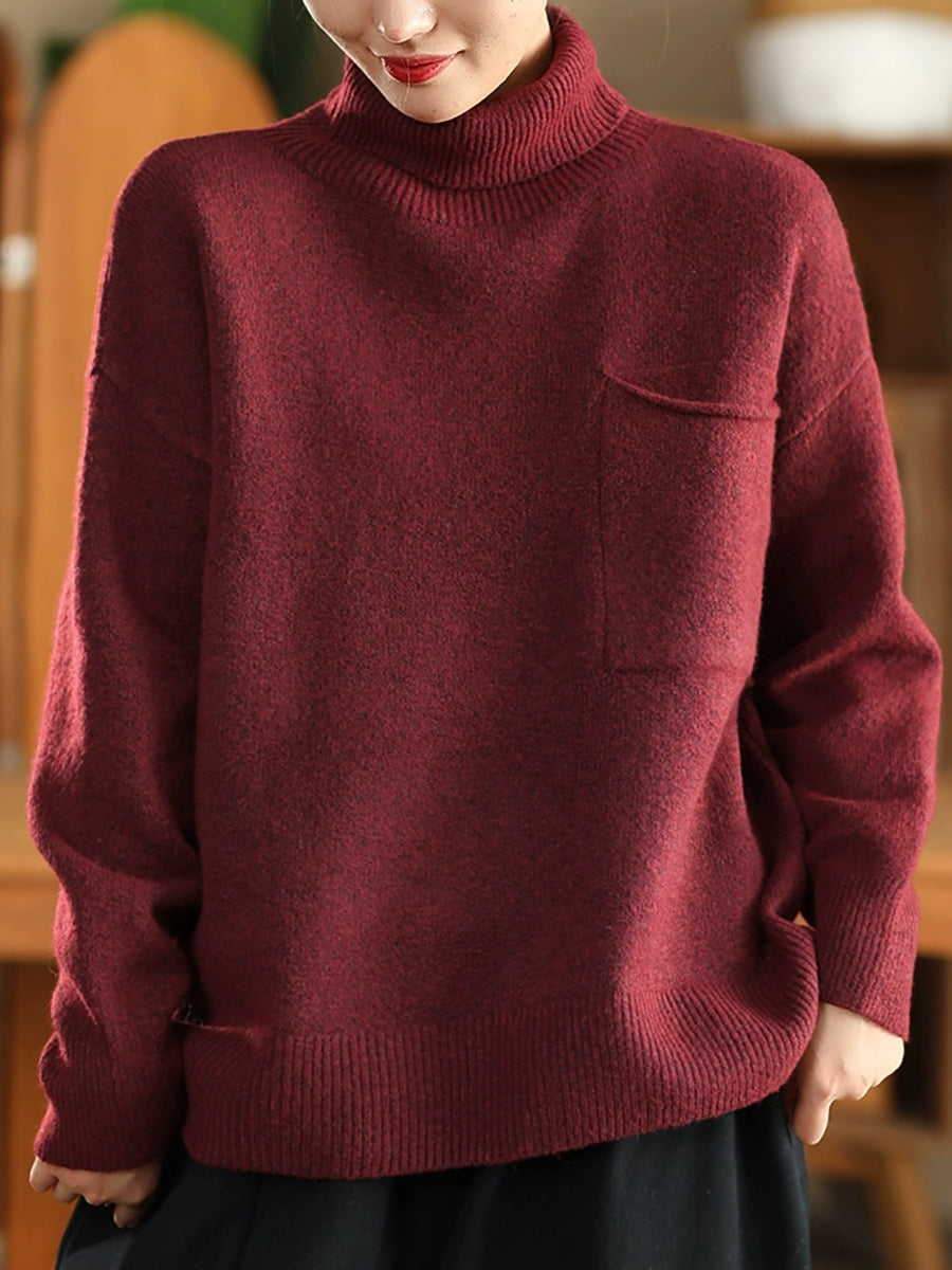 Women Autumn Casual Pure Color Turtleneck Knitted Sweater