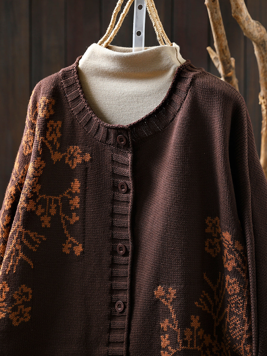 Women Autumn Vintage Flower O-Neck Knitted Sweater