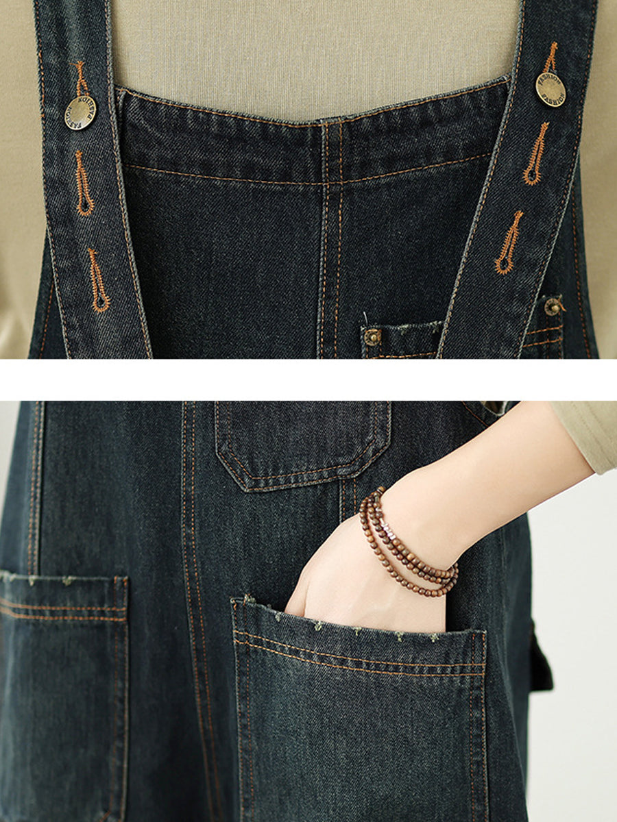 Women Autumn Pure Color Washed Denim Wide-leg Jumpsuits