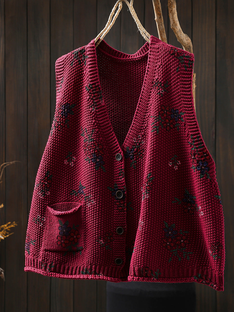 Women Autumn Retro Floral V-Neck Knitted Vest