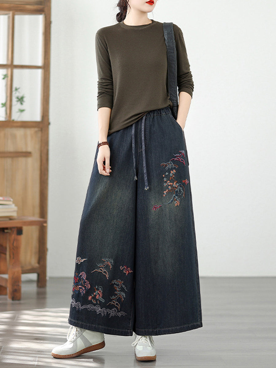 Women Autumn Retro Embroidery Denim Wide-leg Pants