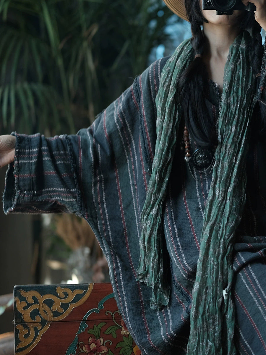 Women Autumn Retro O-Neck Stripe Dress