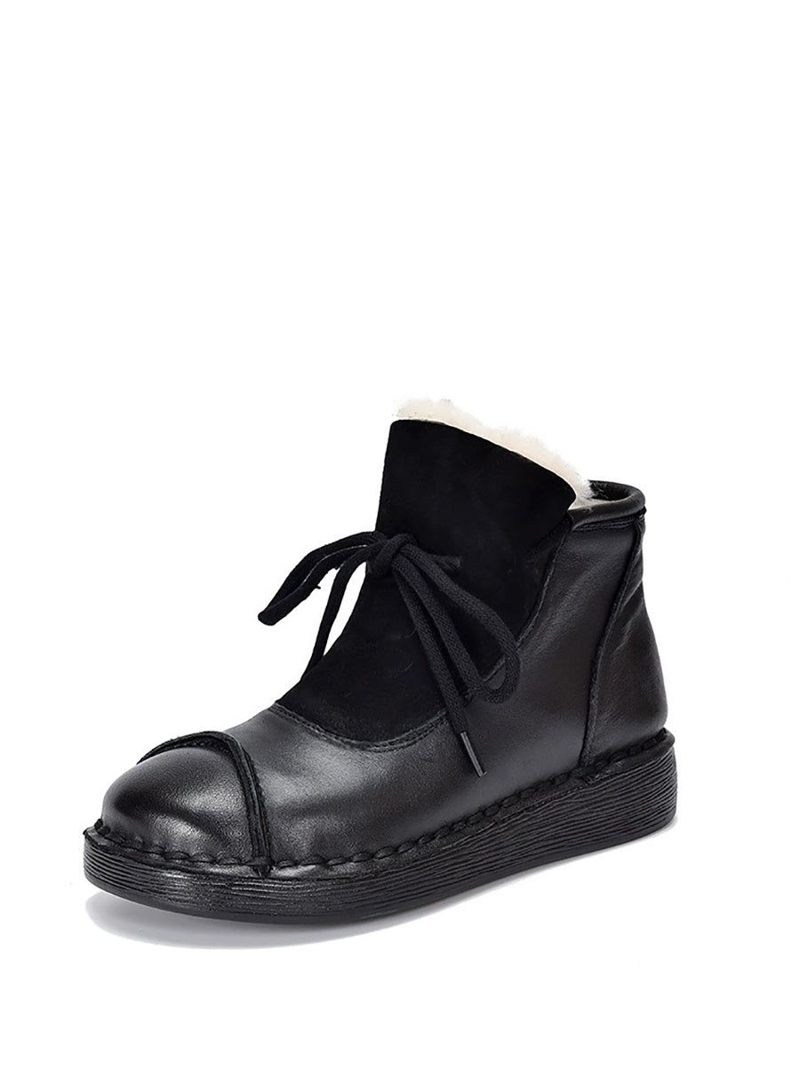 Women Vintage Genuine Leather Spliced Fleece-lined Boots