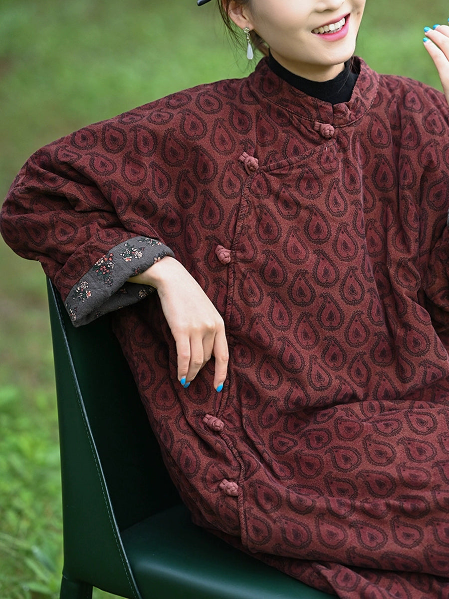 Women Autumn Ethnic Print Stand Collar Dress