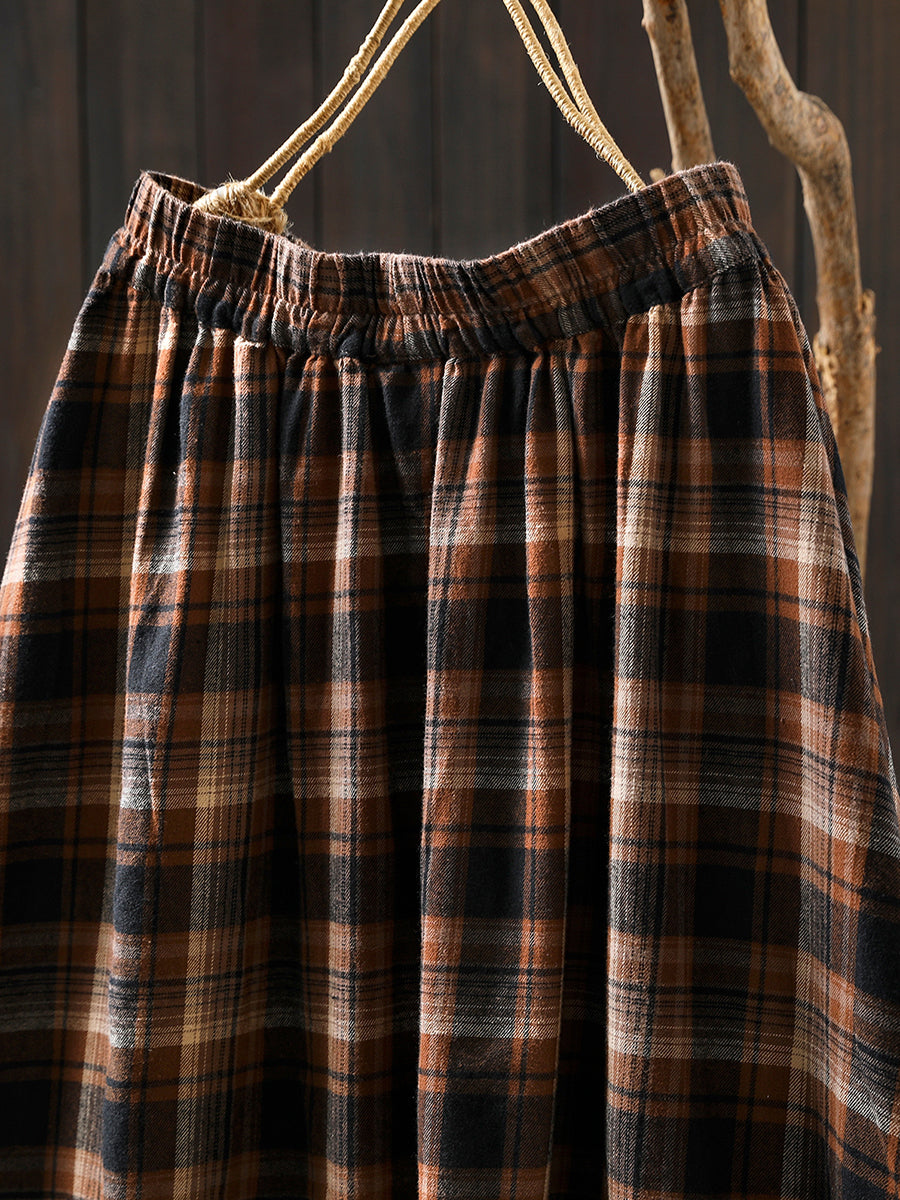 Women Autumn Vintage Plaid A-Shape 100%Cotton Skirt