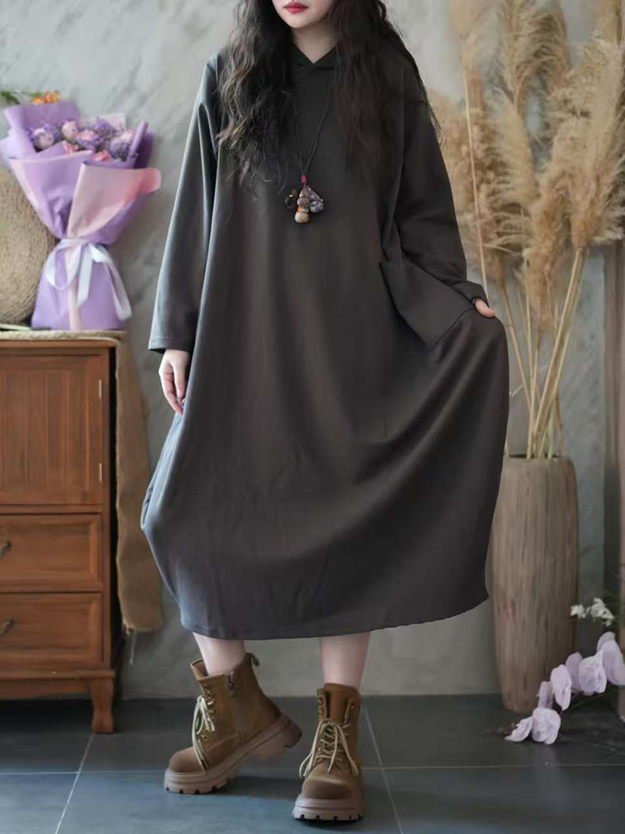 Women Autumn Casual Pure Color Hooded 100%Cotton Dress