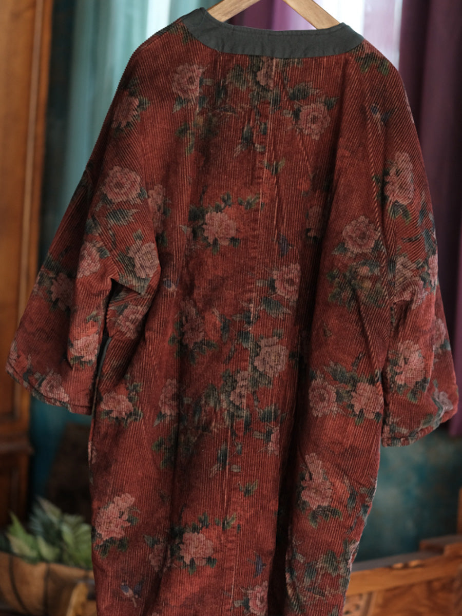 Women Ethnic Autumn Flower O-Neck Corduroy Coat