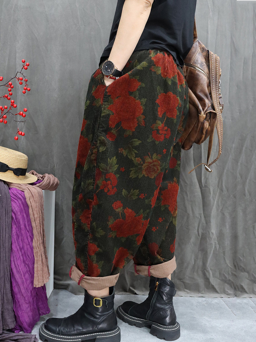 Women Winter Retro Flower Corduroy Harem Pants